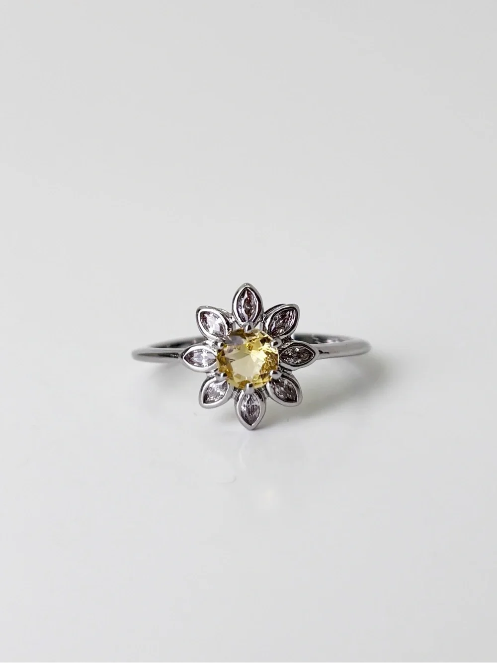 Sterling Silver Daisy Ring with Yellow Center Stone Cubic Zircon